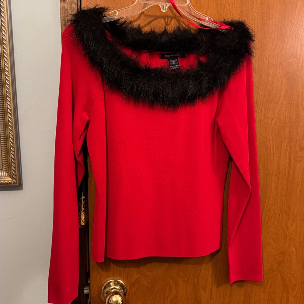 Boston Proper Red Top with Black Faux Fur Accent